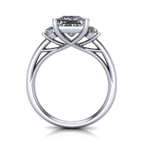 Alyssa princess classic engagement ring in 14K White Gold, through-finger front profile showing the three-stone head raised above the slim polished shank and trellis gallery