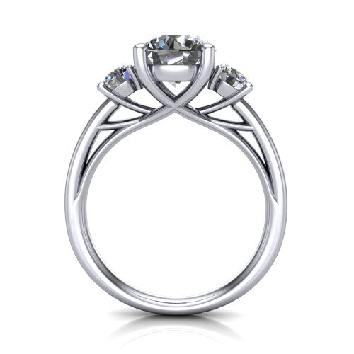 Alyssa round classic engagement ring in Platinum, through-finger front profile showing the three-stone head raised above the slim polished shank and trellis gallery