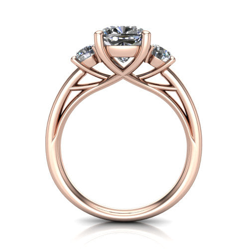Alyssa cushion classic engagement ring in 18K Rose Gold, through-finger front profile showing the three-stone head raised above the slim polished shank and trellis gallery