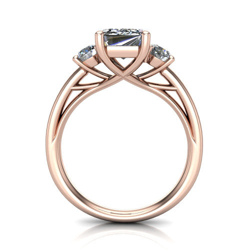 Alyssa emerald classic engagement ring in 18K Rose Gold, through-finger front profile showing the three-stone head raised above the slim polished shank and trellis gallery