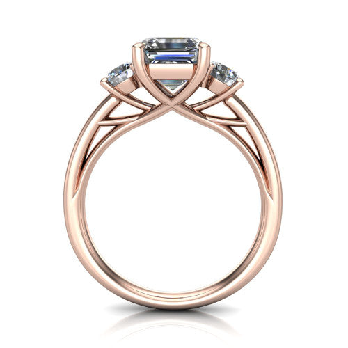 Alyssa asscher classic engagement ring in 18K Rose Gold, through-finger front profile showing the three-stone head raised above the slim polished shank and trellis gallery