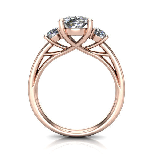 Alyssa oval classic engagement ring in 14K Rose Gold, through-finger front profile showing the three-stone head raised above the slim polished shank and trellis gallery
