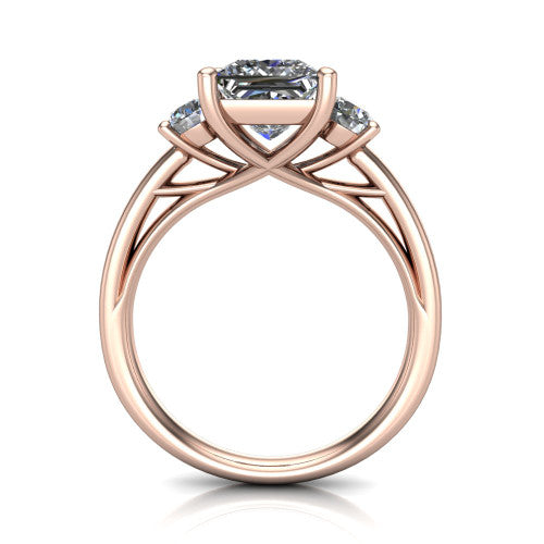 Alyssa princess classic engagement ring in 14K Rose Gold, through-finger front profile showing the three-stone head raised above the slim polished shank and trellis gallery