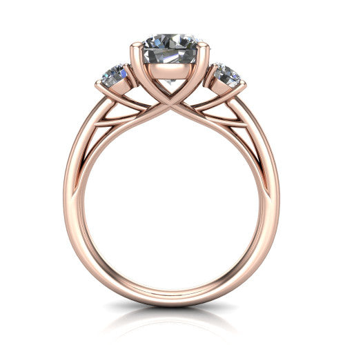 Alyssa round classic engagement ring in 14K Rose Gold, through-finger front profile showing the three-stone head raised above the slim polished shank and trellis gallery