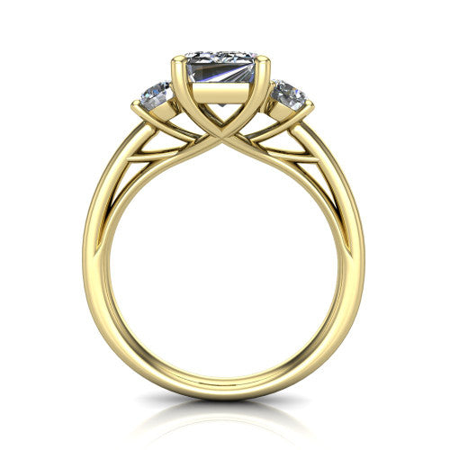 Alyssa emerald classic engagement ring in 14K Yellow Gold, through-finger front profile showing the three-stone head raised above the slim polished shank and trellis gallery