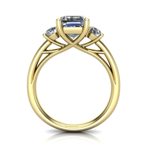 Alyssa asscher classic engagement ring in 14K Yellow Gold, through-finger front profile showing the three-stone head raised above the slim polished shank and trellis gallery