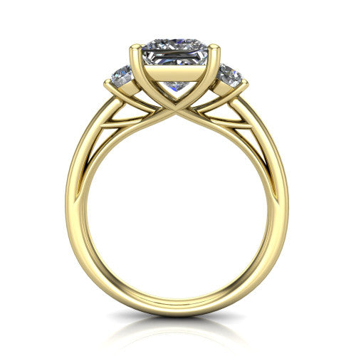 Alyssa princess classic engagement ring in 14K Yellow Gold, through-finger front profile showing the three-stone head raised above the slim polished shank and trellis gallery