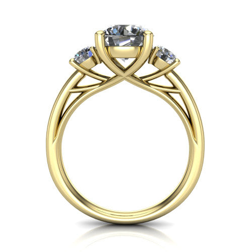 Alyssa round classic engagement ring in 14K Yellow Gold, through-finger front profile showing the three-stone head raised above the slim polished shank and trellis gallery