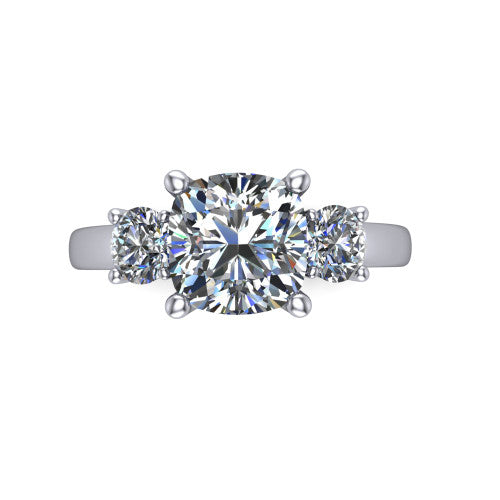 Alyssa cushion classic engagement ring in 18K White Gold, top-down view showing the center diamond flanked by two round side stones in a classic three stone setting