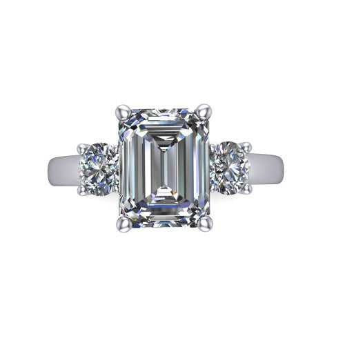 Alyssa emerald classic engagement ring in 14K White Gold, top-down view showing the center diamond flanked by two round side stones in a classic three stone setting
