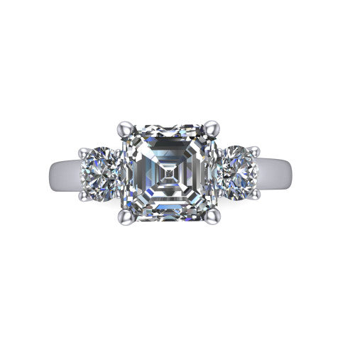Alyssa asscher classic engagement ring in Platinum, top-down view showing the center diamond flanked by two round side stones in a classic three stone setting