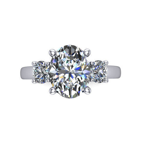 Alyssa oval classic engagement ring in Platinum, top-down view showing the center diamond flanked by two round side stones in a classic three stone setting