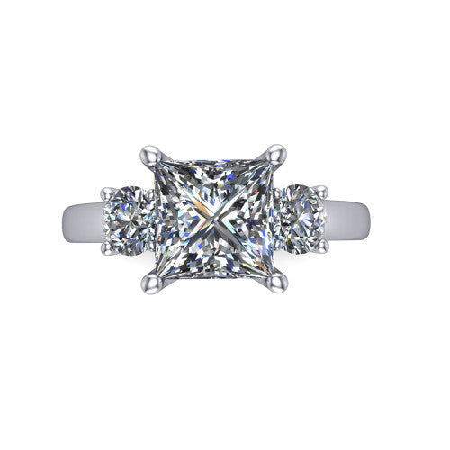 Alyssa princess classic engagement ring in 14K White Gold, top-down view showing the center diamond flanked by two round side stones in a classic three stone setting