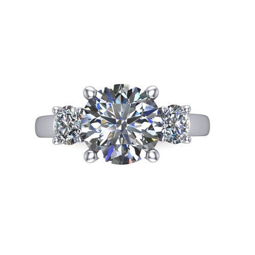 Alyssa round classic engagement ring in 18K White Gold, top-down view showing the center diamond flanked by two round side stones in a classic three stone setting