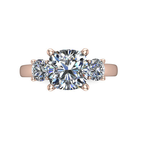 Alyssa cushion classic engagement ring in 14K Rose Gold, top-down view showing the center diamond flanked by two round side stones in a classic three stone setting