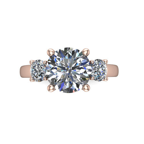 Alyssa round classic engagement ring in 14K Rose Gold, top-down view showing the center diamond flanked by two round side stones in a classic three stone setting
