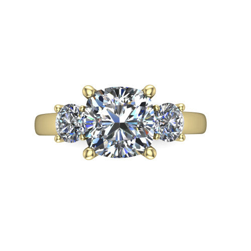 Alyssa cushion classic engagement ring in 18K Yellow Gold, top-down view showing the center diamond flanked by two round side stones in a classic three stone setting