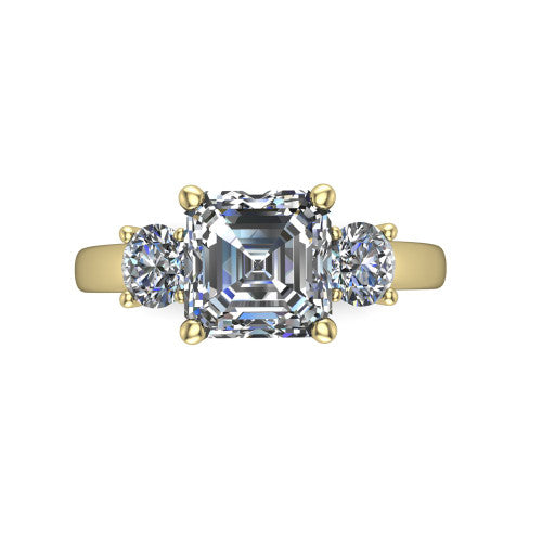 Alyssa asscher classic engagement ring in 14K Yellow Gold, top-down view showing the center diamond flanked by two round side stones in a classic three stone setting