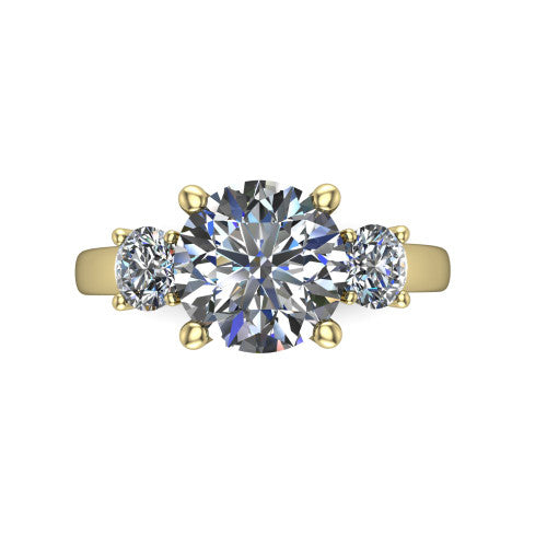 Alyssa round classic engagement ring in 14K Yellow Gold, top-down view showing the center diamond flanked by two round side stones in a classic three stone setting