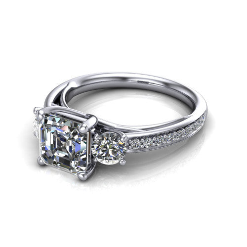 London asscher classic engagement ring in Platinum, three-quarter perspective showing the center diamond between two round side stones above a pav&eacute; shank
