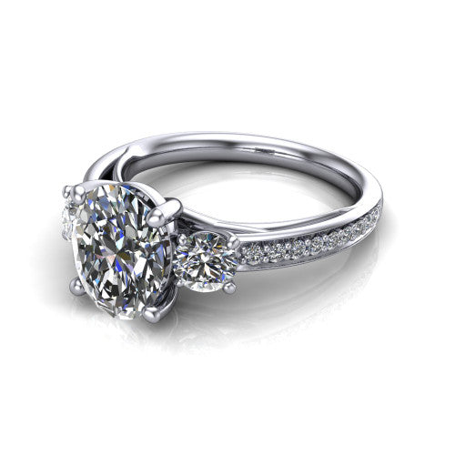 London oval classic engagement ring in 18K White Gold, three-quarter perspective showing the center diamond between two round side stones above a pav&eacute; shank