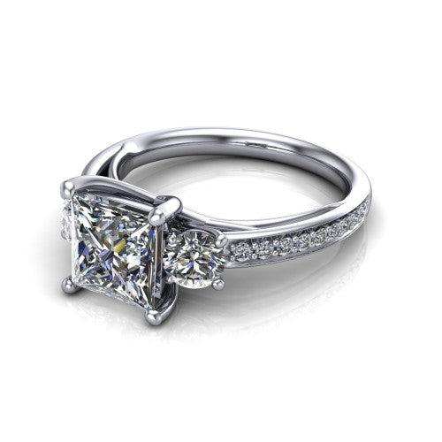 London princess classic engagement ring in 14K White Gold, three-quarter perspective showing the center diamond between two round side stones above a pav&eacute; shank