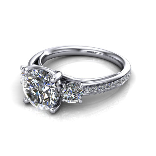 London round classic engagement ring in 14K White Gold, three-quarter perspective showing the center diamond between two round side stones above a pav&eacute; shank