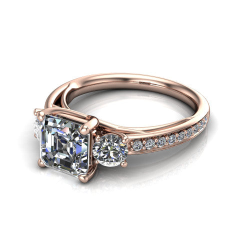 London asscher classic engagement ring in 14K Rose Gold, three-quarter perspective showing the center diamond between two round side stones above a pav&eacute; shank