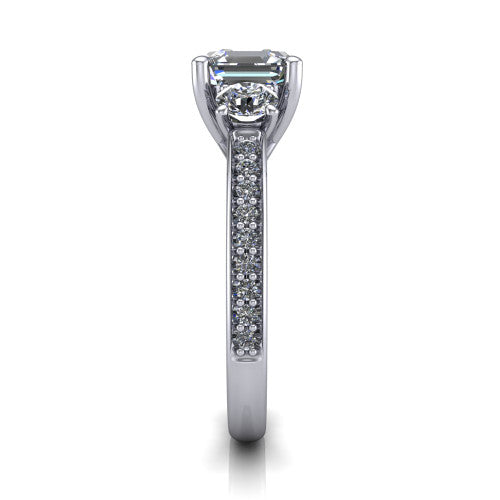 London asscher classic engagement ring in 18K White Gold, side profile showing the round side stone and the pav&eacute; diamonds running down the shank