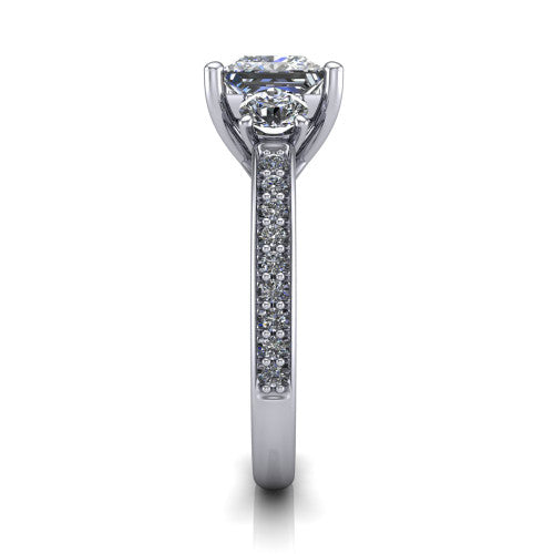 London princess classic engagement ring in 14K White Gold, side profile showing the round side stone and the pav&eacute; diamonds running down the shank
