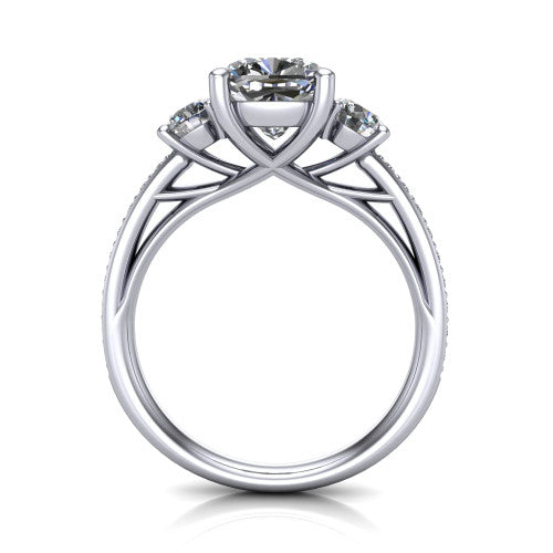London cushion classic engagement ring in 18K White Gold, through-finger front profile showing the three-stone head raised above the pav&eacute; milgrain band
