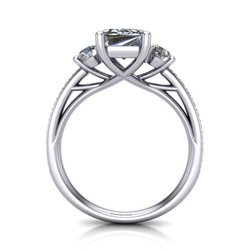 London emerald classic engagement ring in 14K White Gold, through-finger front profile showing the three-stone head raised above the pav&eacute; milgrain band
