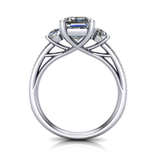London asscher classic engagement ring in 14K White Gold, through-finger front profile showing the three-stone head raised above the pav&eacute; milgrain band
