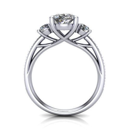 London oval classic engagement ring in 14K White Gold, through-finger front profile showing the three-stone head raised above the pav&eacute; milgrain band