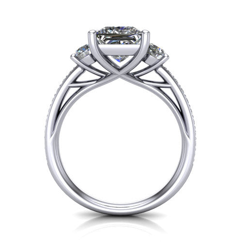 London princess classic engagement ring in Platinum, through-finger front profile showing the three-stone head raised above the pav&eacute; milgrain band