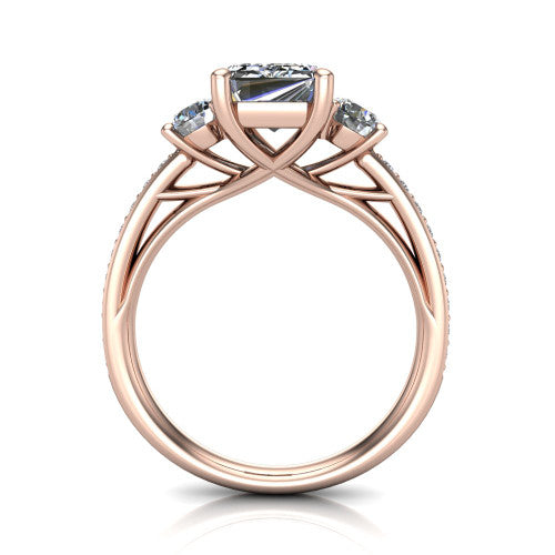 London emerald classic engagement ring in 18K Rose Gold, through-finger front profile showing the three-stone head raised above the pav&eacute; milgrain band