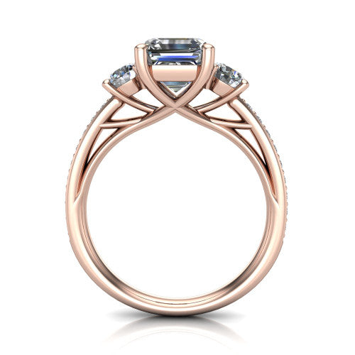 London asscher classic engagement ring in 14K Rose Gold, through-finger front profile showing the three-stone head raised above the pav&eacute; milgrain band