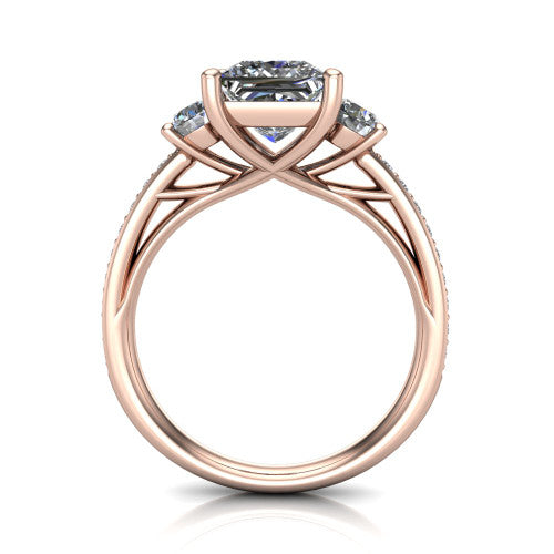 London princess classic engagement ring in 18K Rose Gold, through-finger front profile showing the three-stone head raised above the pav&eacute; milgrain band