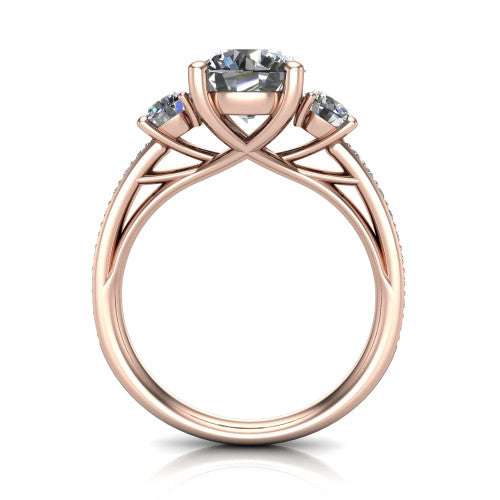 London round classic engagement ring in 18K Rose Gold, through-finger front profile showing the three-stone head raised above the pav&eacute; milgrain band