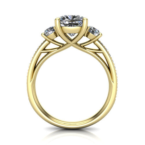 London cushion classic engagement ring in 14K Yellow Gold, through-finger front profile showing the three-stone head raised above the pav&eacute; milgrain band
