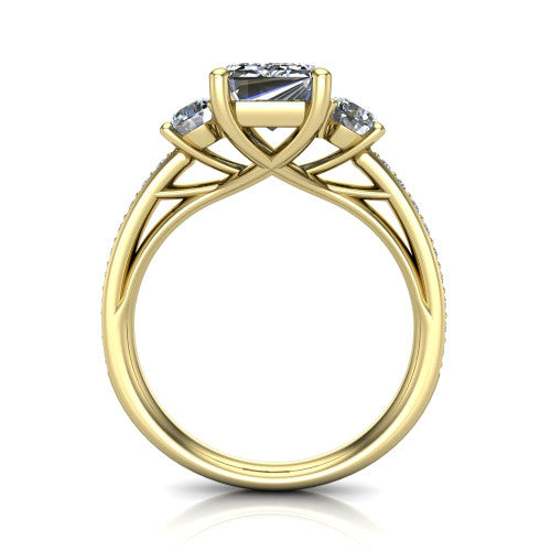 London emerald classic engagement ring in 14K Yellow Gold, through-finger front profile showing the three-stone head raised above the pav&eacute; milgrain band