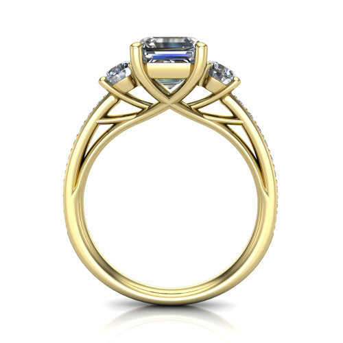 London asscher classic engagement ring in 18K Yellow Gold, through-finger front profile showing the three-stone head raised above the pav&eacute; milgrain band