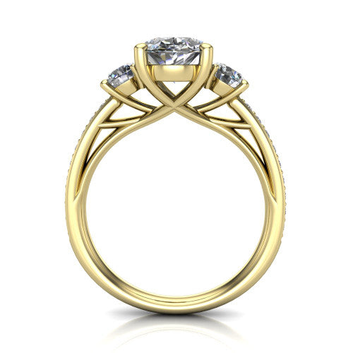London oval classic engagement ring in 14K Yellow Gold, through-finger front profile showing the three-stone head raised above the pav&eacute; milgrain band