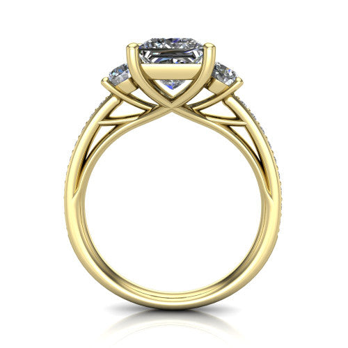 London princess classic engagement ring in 18K Yellow Gold, through-finger front profile showing the three-stone head raised above the pav&eacute; milgrain band