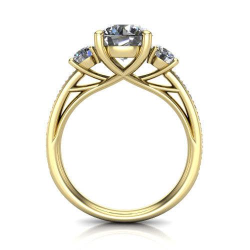 London round classic engagement ring in 14K Yellow Gold, through-finger front profile showing the three-stone head raised above the pav&eacute; milgrain band