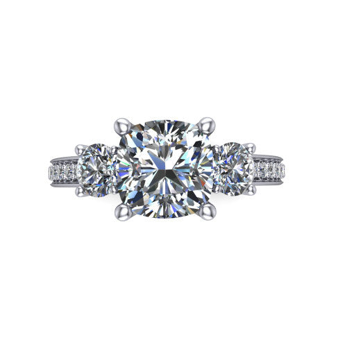 London cushion classic engagement ring in 18K White Gold, top-down view showing the center diamond flanked by two round side stones in a classic three stone setting