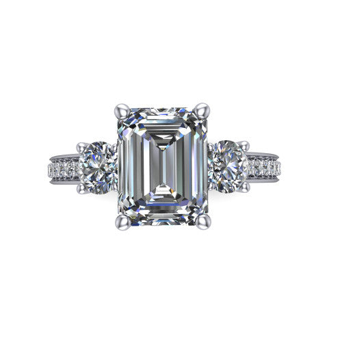 London emerald classic engagement ring in 14K White Gold, top-down view showing the center diamond flanked by two round side stones in a classic three stone setting