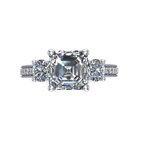 London asscher classic engagement ring in 14K White Gold, top-down view showing the center diamond flanked by two round side stones in a classic three stone setting