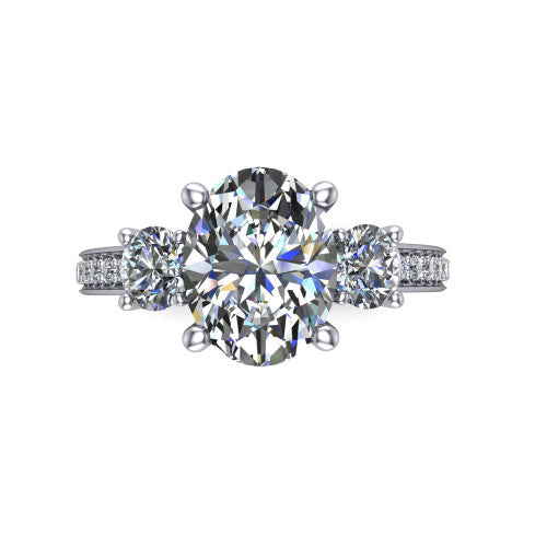 London oval classic engagement ring in 18K White Gold, top-down view showing the center diamond flanked by two round side stones in a classic three stone setting
