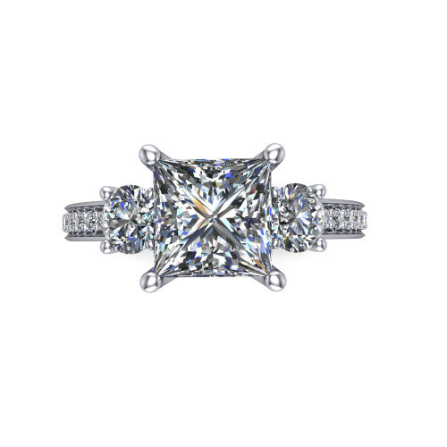London princess classic engagement ring in 14K White Gold, top-down view showing the center diamond flanked by two round side stones in a classic three stone setting